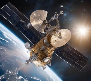 Rendering of a communications satellite orbiting Earth 