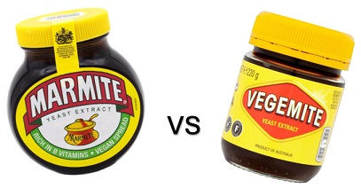 Picture showing marmite container next to vegemite container.