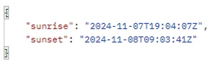 Screenshot of sunrise and sunset times represented in Zulu time